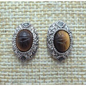 Tiny Minimalist Silver Tone & Tigers Eye Center Stud Earrings .5" Marcasite